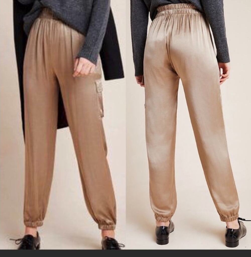 Anthropologie Tina + Jo Satin Cargo Jogger NWT Taupe High Rise L Pull On Pant